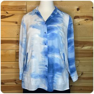 Alfani Women's Blue Watercolor Wash Printed Button Down Shirt Shacket Pockets 2X